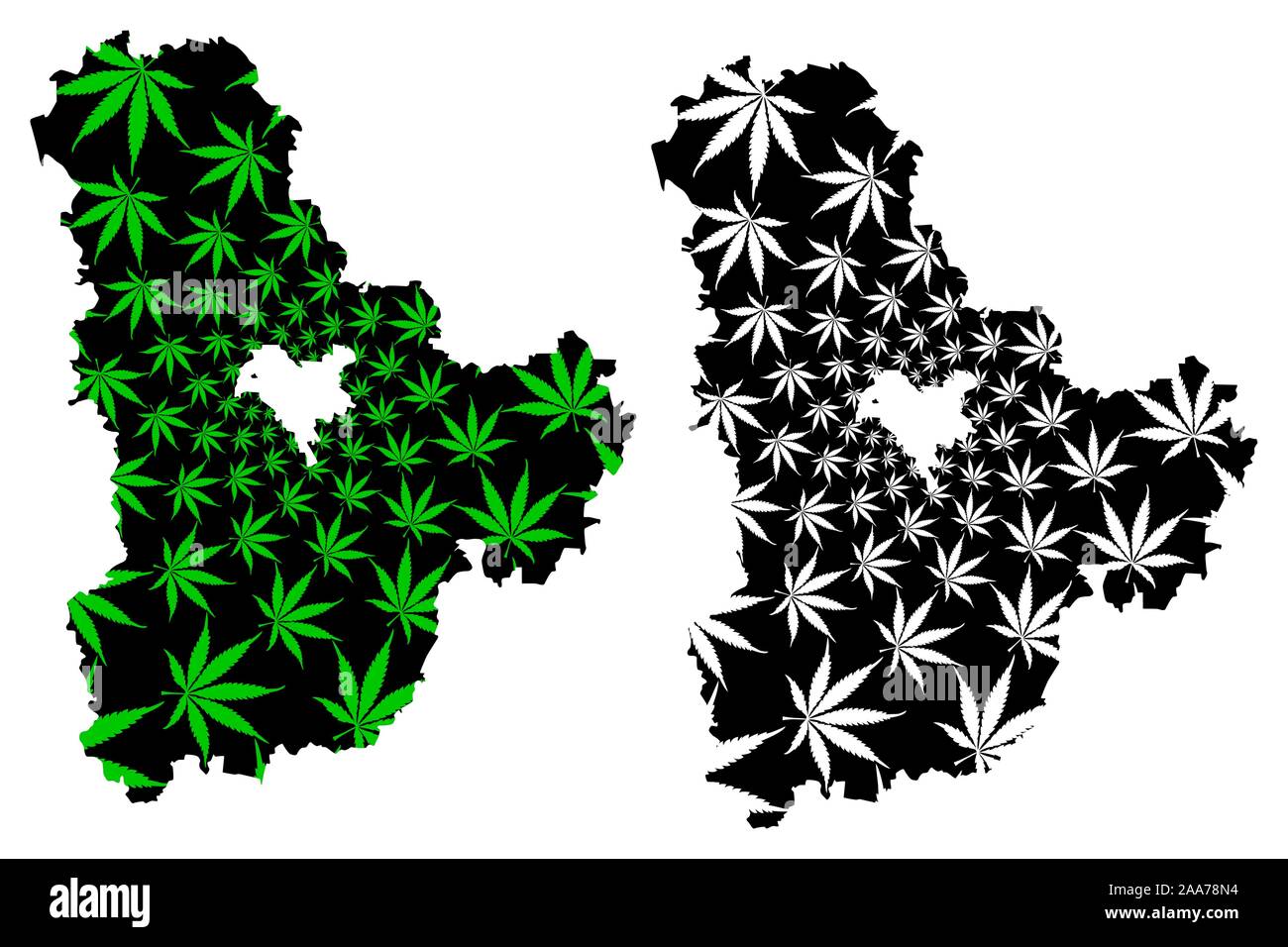 Kiev Oblast (divisions administratives de l'Ukraine, des régions de l'Ukraine) La carte est conçue de feuilles de cannabis vert et noir, oblast de Kiev (Kyivshchyna) carte mad Illustration de Vecteur