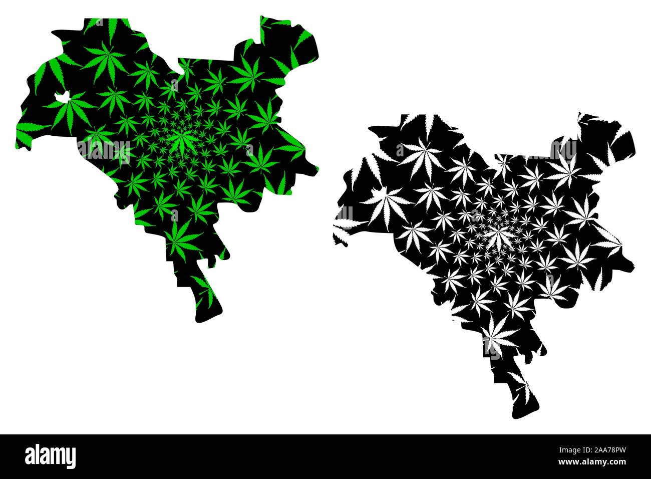 La ville de Kiev (divisions administratives de l'Ukraine, ville à statut spécial) la carte est conçue de feuilles de cannabis vert et noir, Kiev carte fait de la marijuana (m Illustration de Vecteur