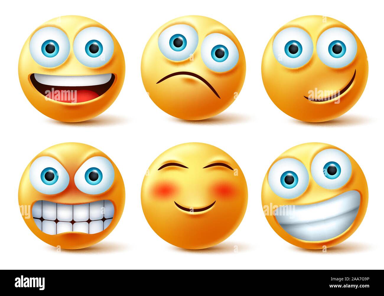 Émoticônes et smileys emoticons face vector set. Smiley faces cute emoji dans heureux, en colère et l'expression du visage drôle isolé en fond blanc. Illustration de Vecteur