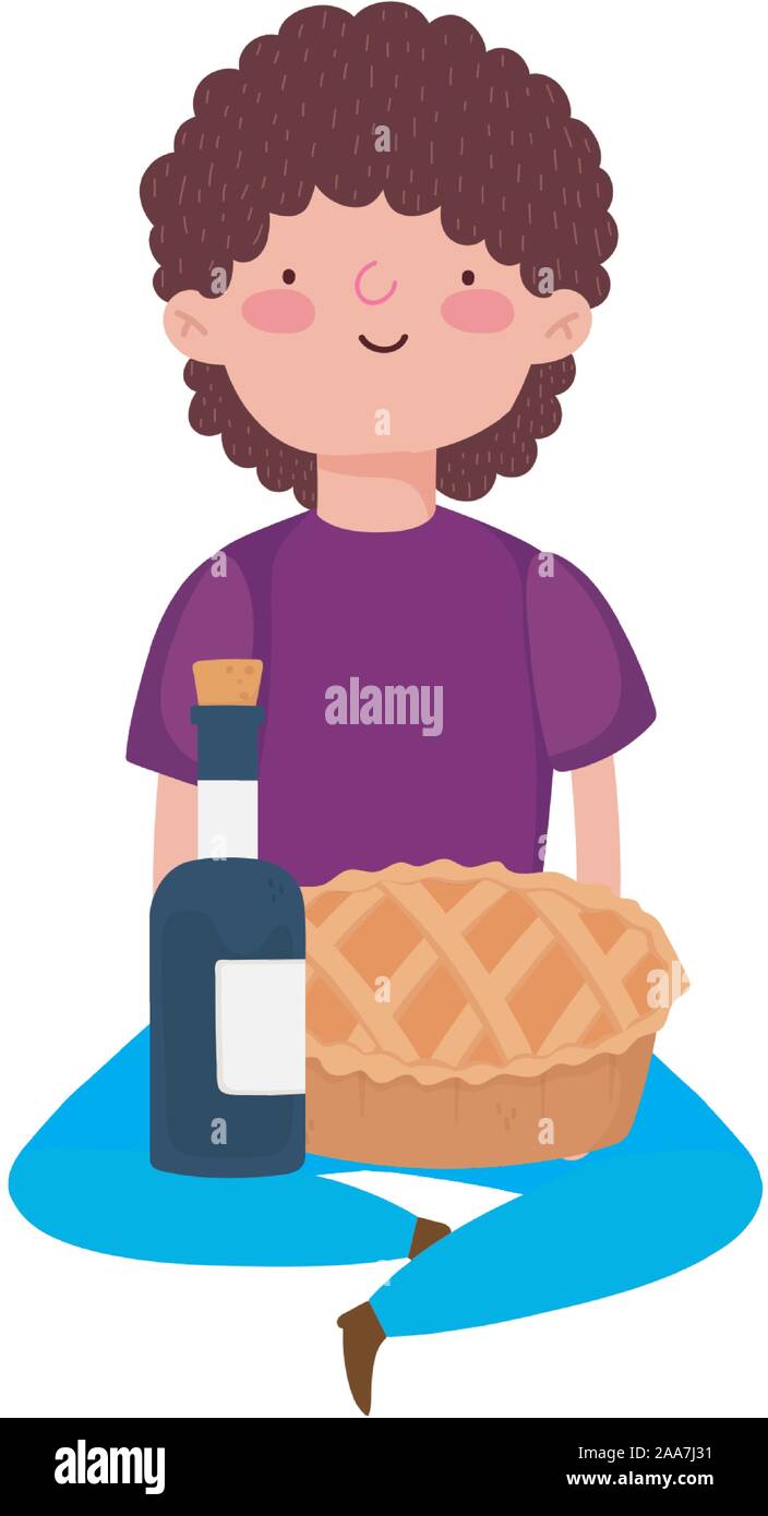 Happy Thanksgiving Day Journee Jeune Homme Assis Avec Gateau Et Vin Vector Illustration Image Vectorielle Stock Alamy