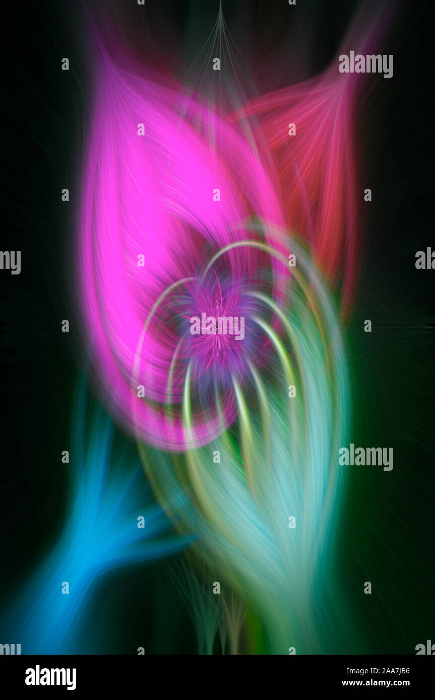 Résumé Contexte La fibre futuriste. Bleu, vert, rose, sur fond noir. Banque D'Images
