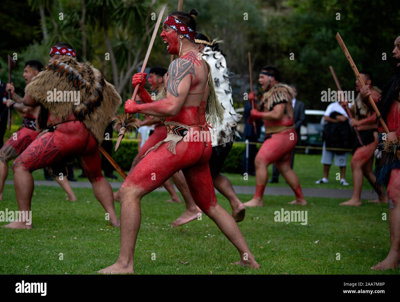 Un powhiri, une cérémonie de bienvenue Maori, est exécuté pour le prince de Galles et la duchesse de Cornouailles, lors de leur visite au site du Traité de Waitangi, la baie des îles, le quatrième jour de la visite royale de Nouvelle-Zélande. Banque D'Images