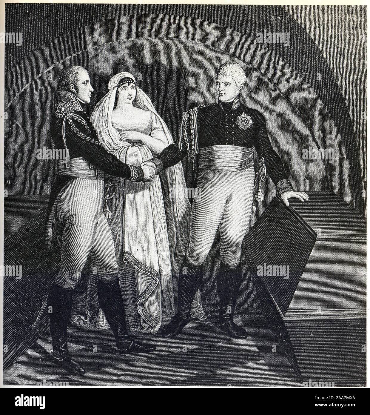 Alexandre Ier, le roi de Prusse et la reine Louise devant le tombeau de Frédéric le Grand. Gravure de l'époque Banque D'Images