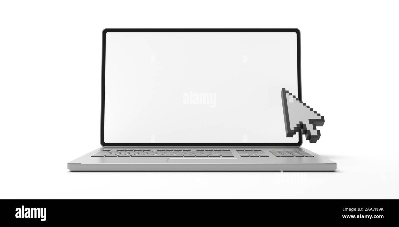 Curseur ordinateur pointeur sur un écran d'ordinateur portable, isolé contre l'arrière-plan blanc. La forme de flèche Pixel curseur de la souris. 3d illustration Banque D'Images