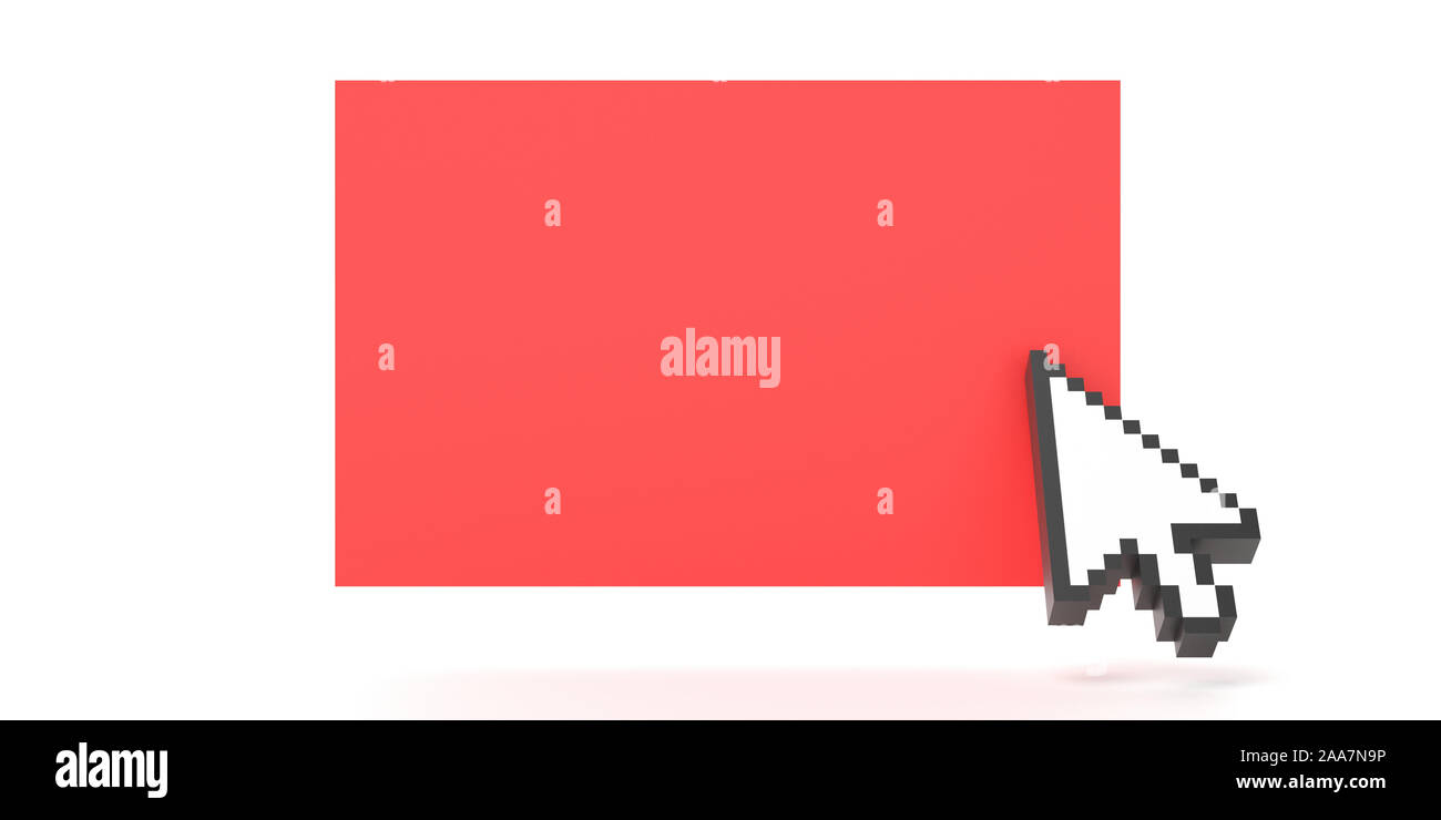 Pointeur d'ordinateur curseur sur une carte de papier vierge de couleur rouge, fond blanc. La forme de flèche Pixel curseur de la souris, copiez l'espace. 3d illustration Banque D'Images