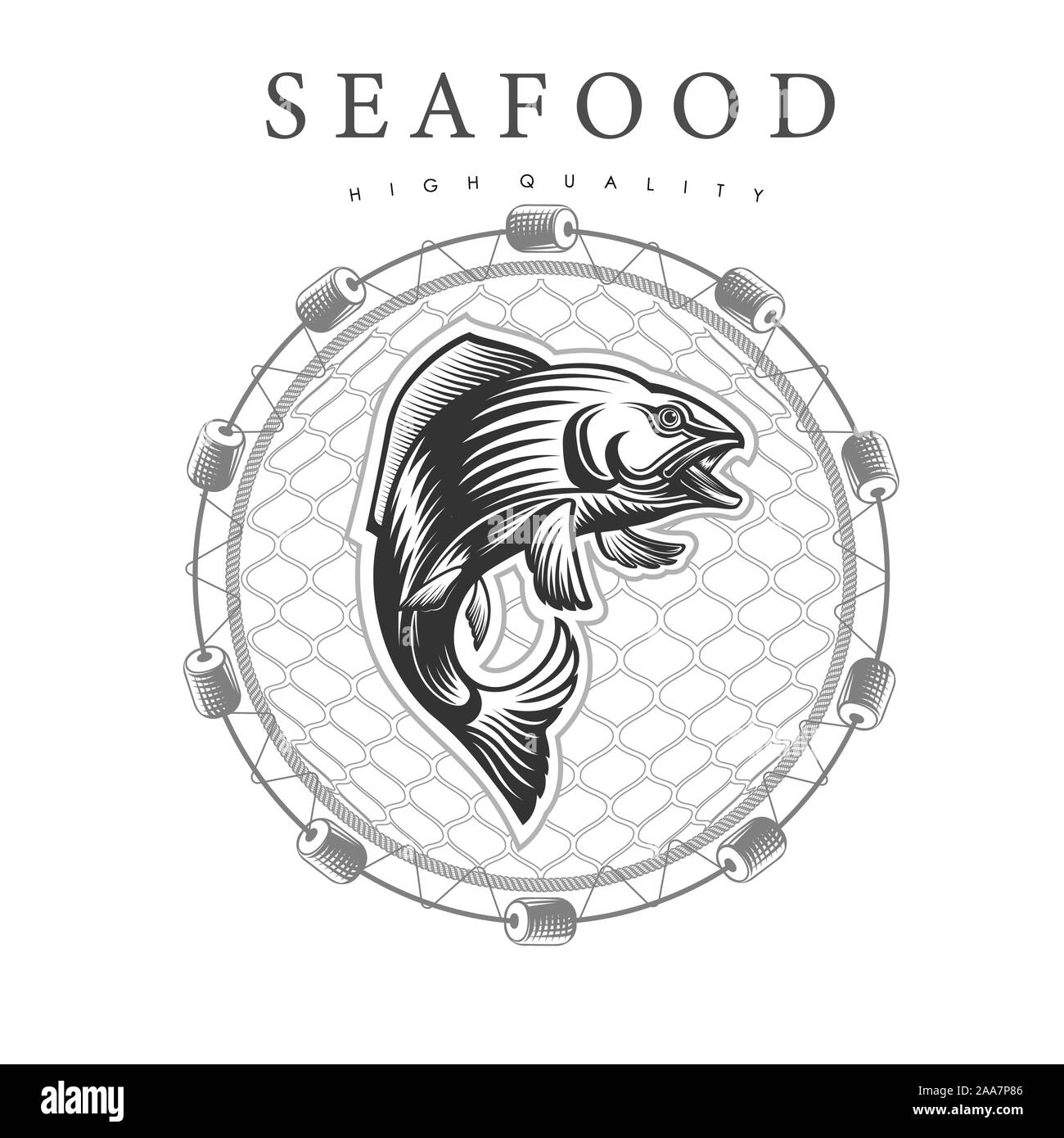 Dans les sauts, saumon pliées dans le centre autour des filets de pêche sur fond blanc. Label pour les produits du poisson ou des fruits de mer dans le style gravure sur bois Illustration de Vecteur