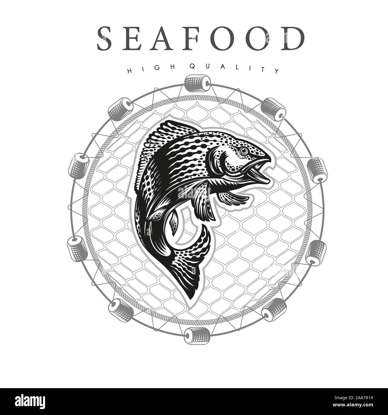 Saumon au saut, dans le centre autour des filets de pêche sur fond blanc. Label pour les produits du poisson ou des fruits de mer dans le style gravure sur bois Illustration de Vecteur