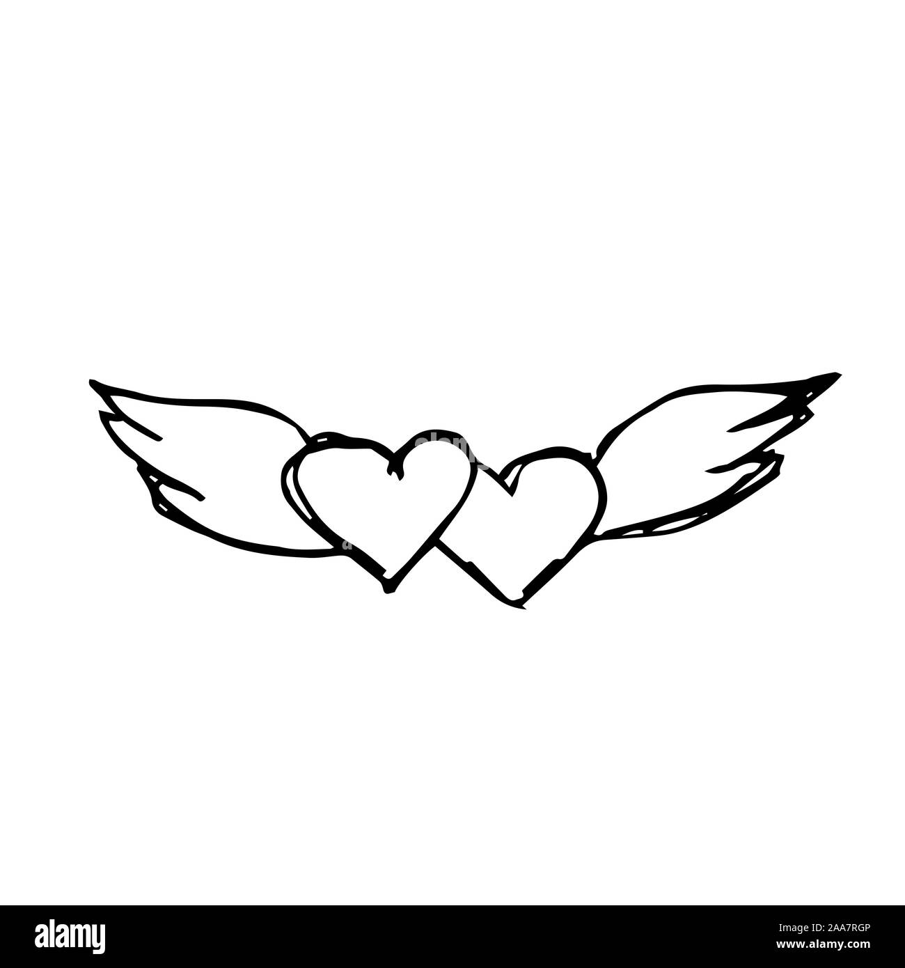 Coeur avec des ailes. Dessin à la main esquisse pour la Saint-Valentin. Contour noir peuvent être imprimés sur textile, papier peint, papier d'emballage, cartes de vœux, utilisé dans logos, bannières, page d'atterrissage. Vector Illustration. EPS10 Illustration de Vecteur