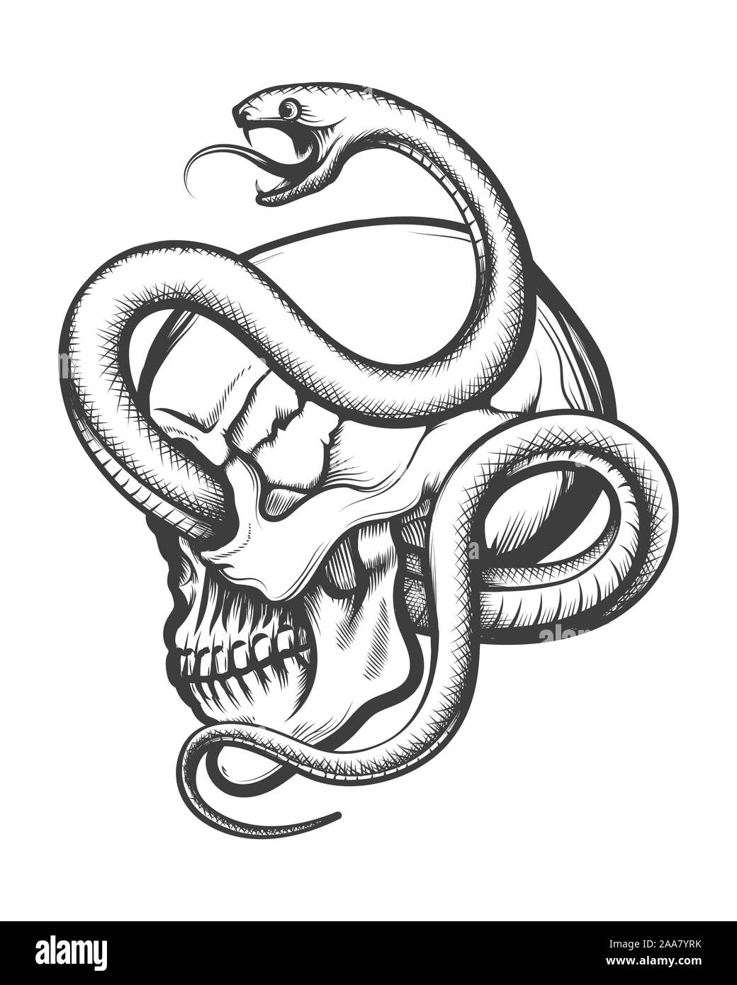 Tatouage de crâne humain en vue de côté, enlacés par serpent dessiné dans leur gravure. Vector Illustration Illustration de Vecteur