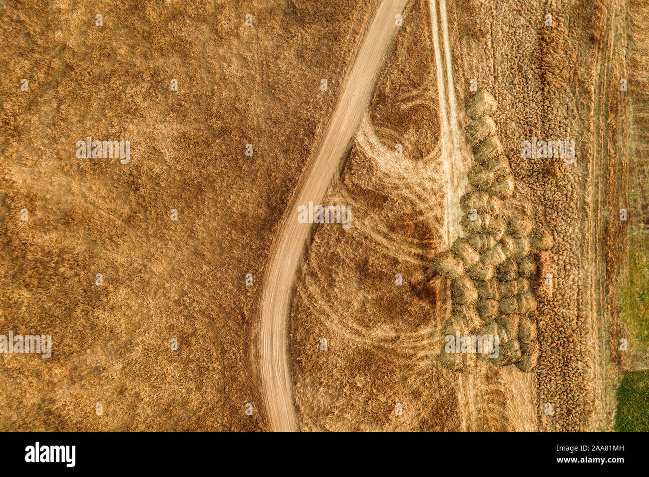 Vue aérienne de chemin de terre poussiéreux par plaine de herbe paysage, vue de dessus de drone pov Banque D'Images
