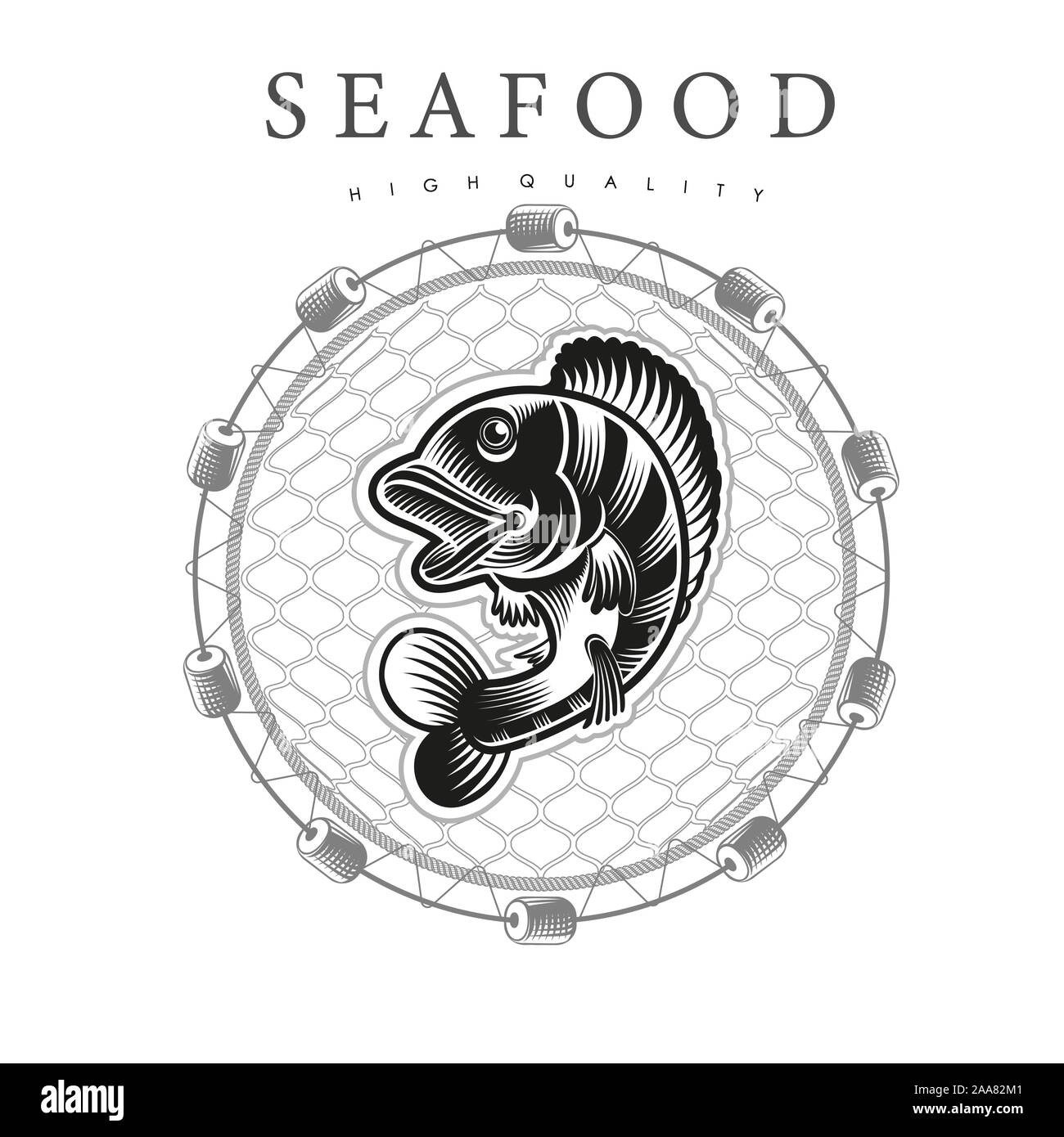 La perche en saut, dans le centre autour des filets de pêche sur fond blanc. Logo pour les produits du poisson ou des fruits de mer dans le style gravure sur bois Illustration de Vecteur
