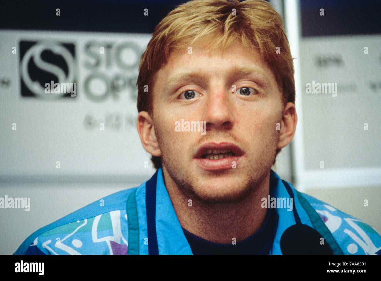 Le joueur de tennis allemand Boris Becker à pressconference ouvert à Stockholm Banque D'Images