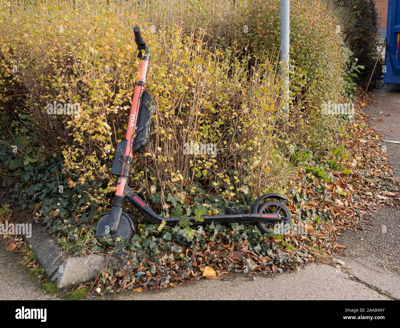 Scooter électrique voi garé dans un buisson. Pour un usage éditorial uniquement. Banque D'Images