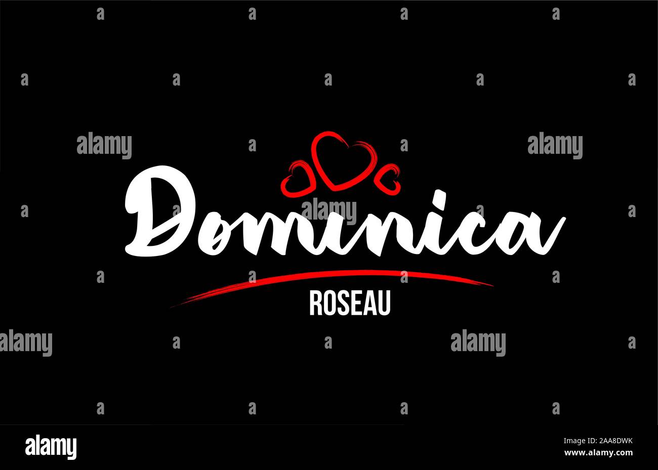 Dominique pays sur fond noir avec amour rouge coeur et sa capitale Roseau texte typographie création logo design Illustration de Vecteur