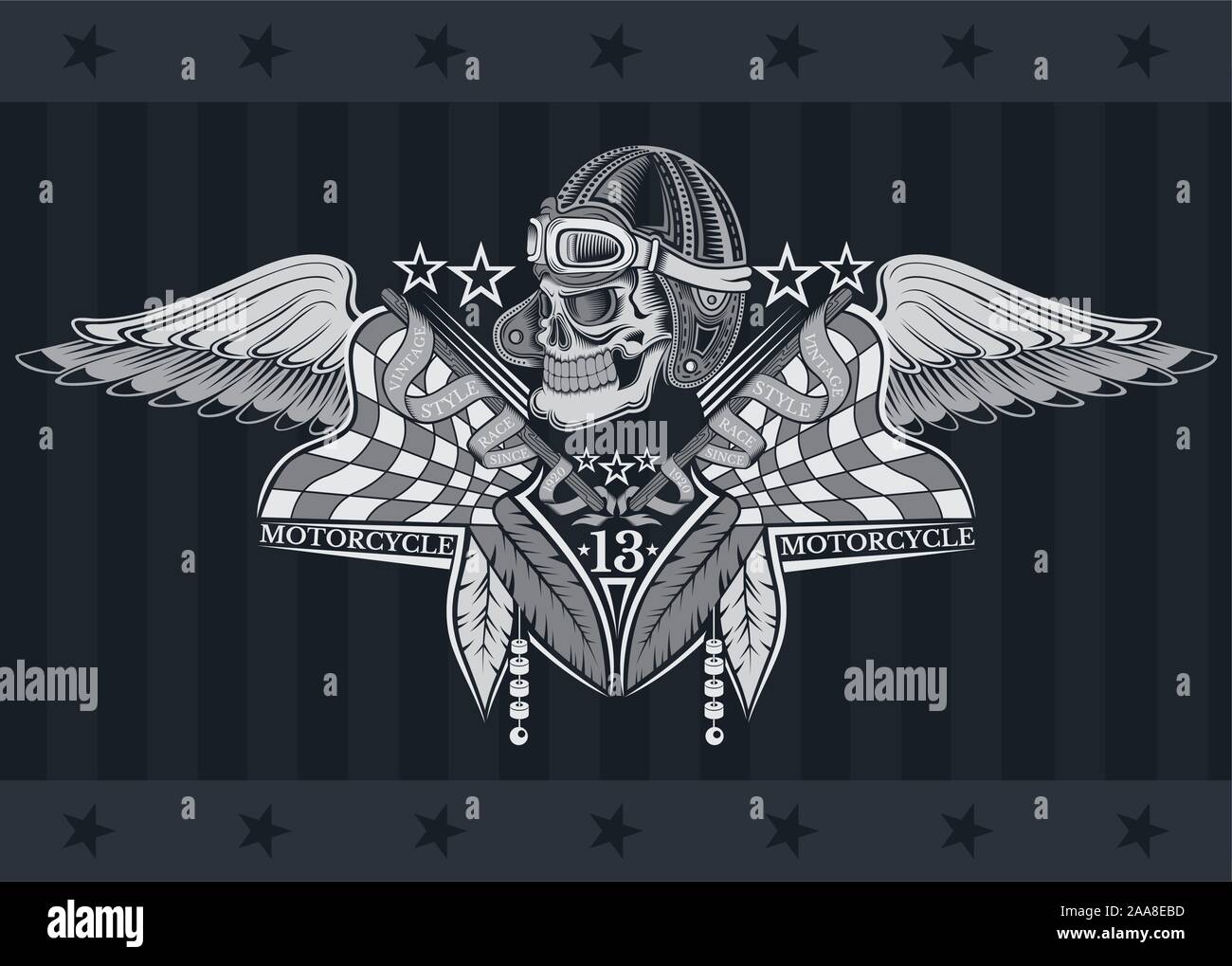 Emblème ou imprimé avec crâne dans un chapeau vintage de moto avec des lunettes et des drapeaux et des ailes des deux côtés Illustration de Vecteur