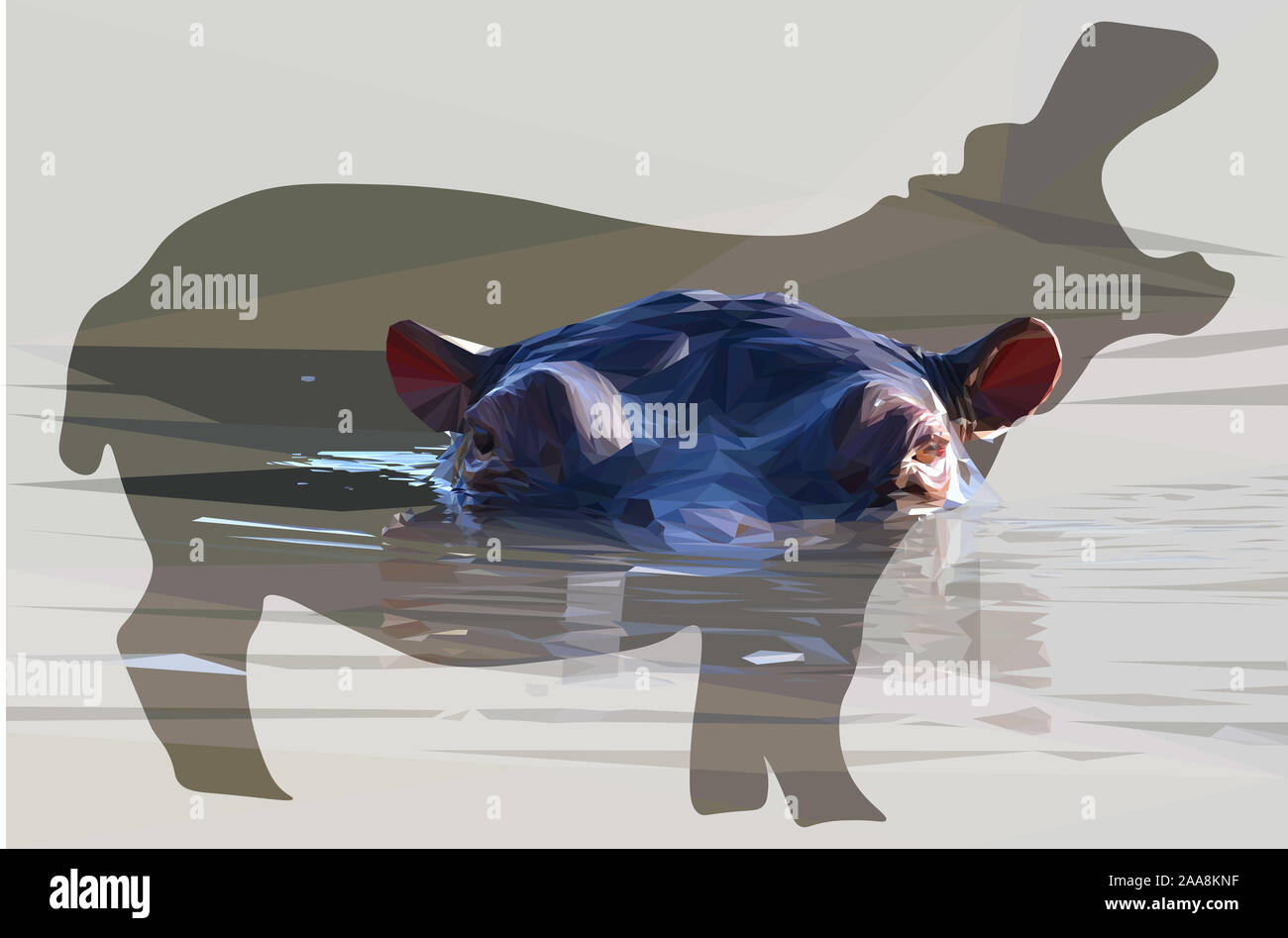 Low poly illustration d'un hippopotame africain submergé dans l'eau sous la forme d'un hippopotame avec un arrière-plan Banque D'Images