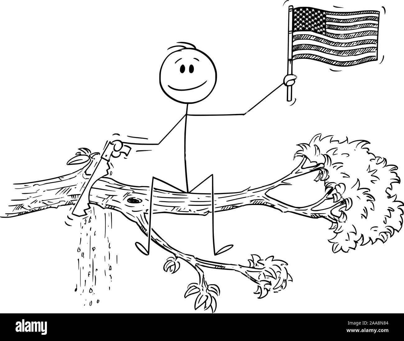 Vector cartoon stick figure dessin illustration conceptuelle de l'homme  agiter le drapeau des États-Unis d'Amérique ou des Etats-Unis, et avec  l'arbre de scie coupe branche sur laquelle il est assis Image Vectorielle