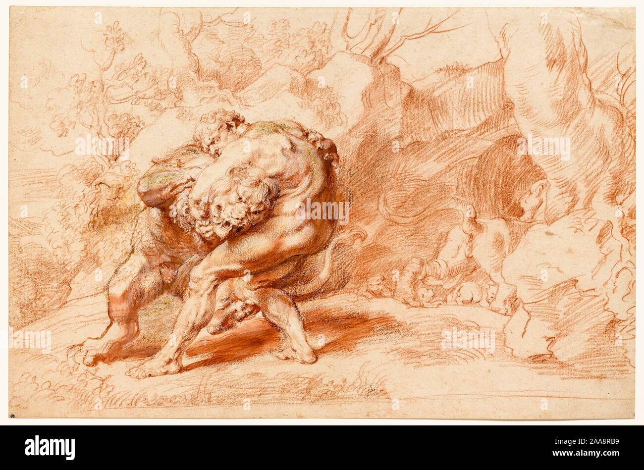 Peter Paul Rubens, Hercule étranglant le lion de Némée, dessin, vers 1620 Banque D'Images