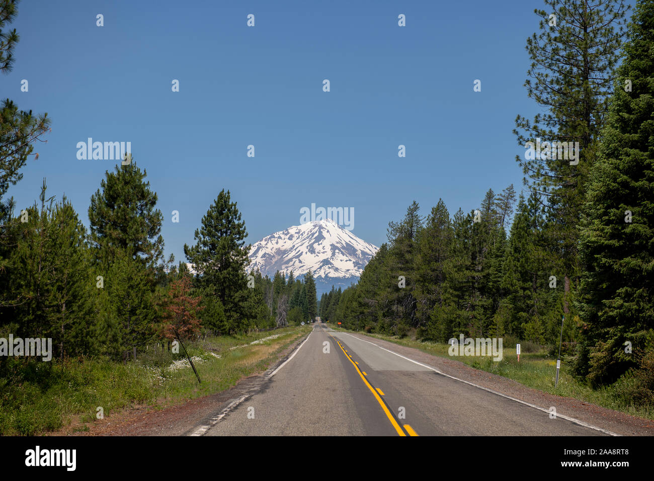 L'autoroute 89 à deux voies menant à des sommets enneigés Mount Shasta en distance Banque D'Images