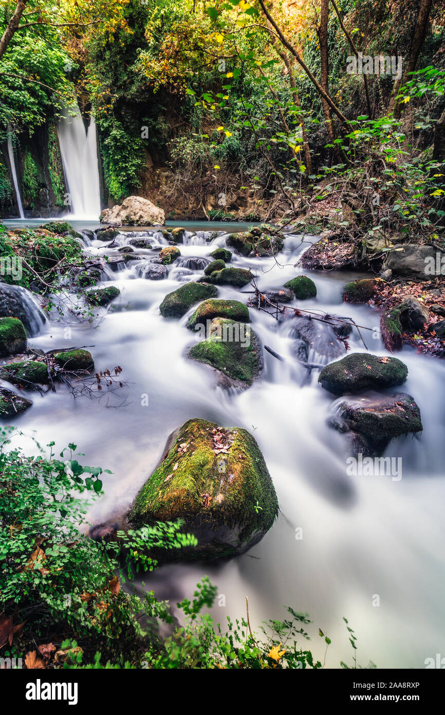 Paysage de Banias cascade. Cours d'eau. La rivière à l'automne, de l'Hermon. Réserve naturelle et Parc National un endroit populaire pour des excursions touristiques avec les sections locales et f Banque D'Images