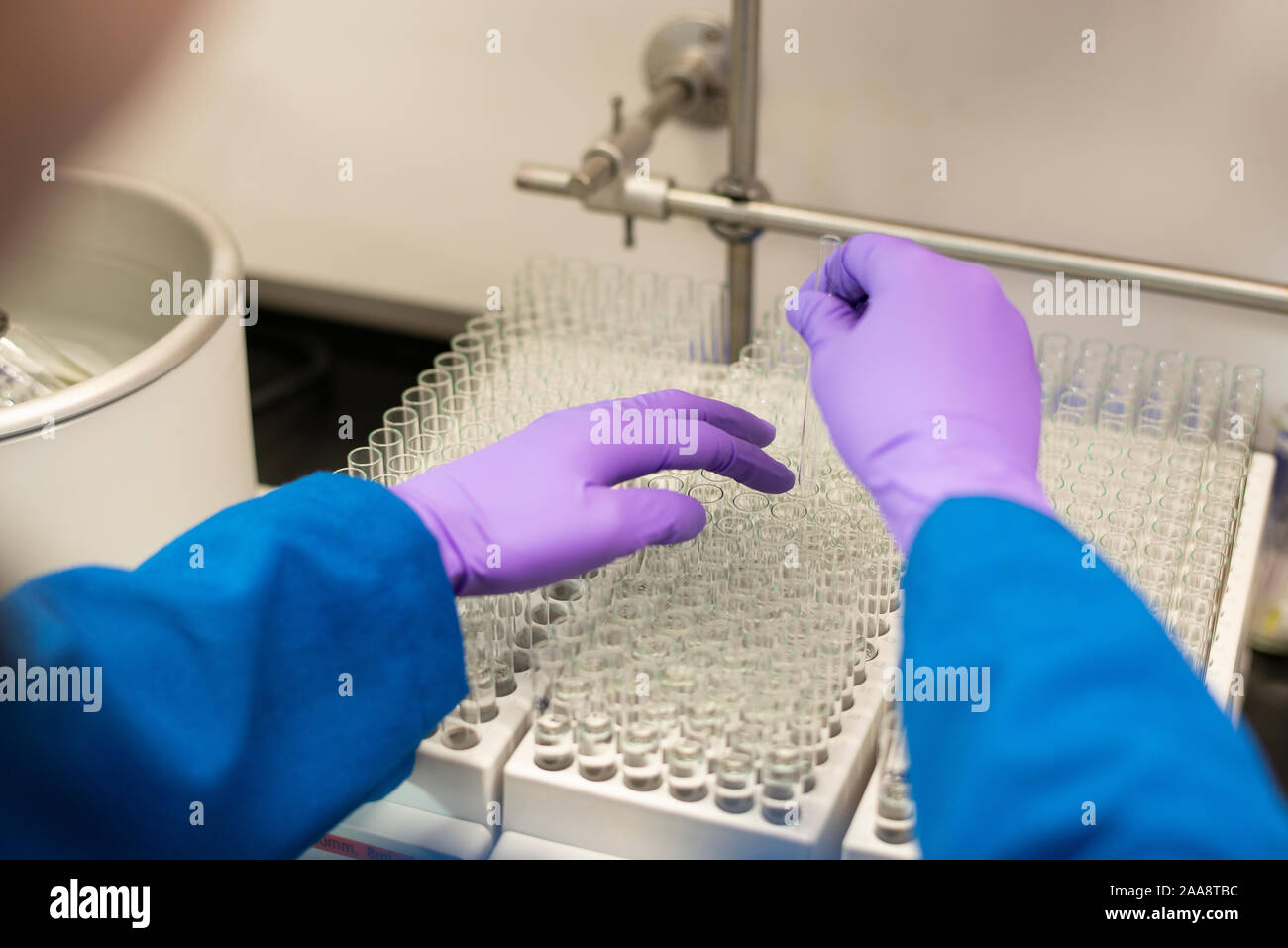 En utilisant la seringue en verre à remplir les tubes à essai Banque D'Images