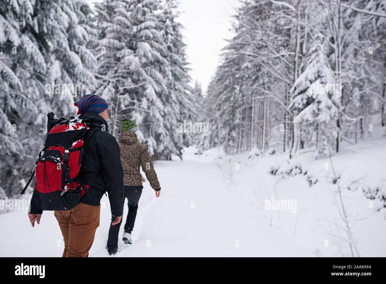 Couple hiking ensemble le long d'un sentier de forêt couverte de neige Banque D'Images
