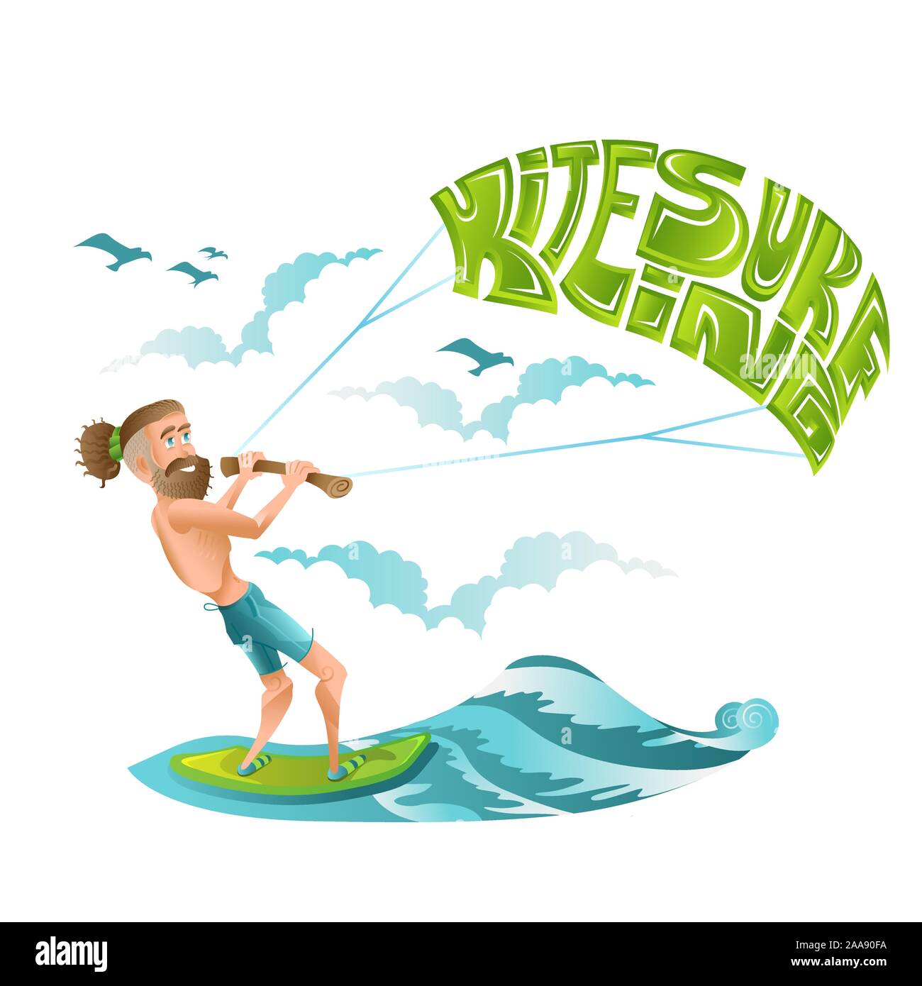 Caractère de l'homme à barbe équitation sur kiteboard kitesurf avec lettrage sur le parachute. Illustration lumineuse en télévision cartoon style isolé sur blanc. Illustration de Vecteur