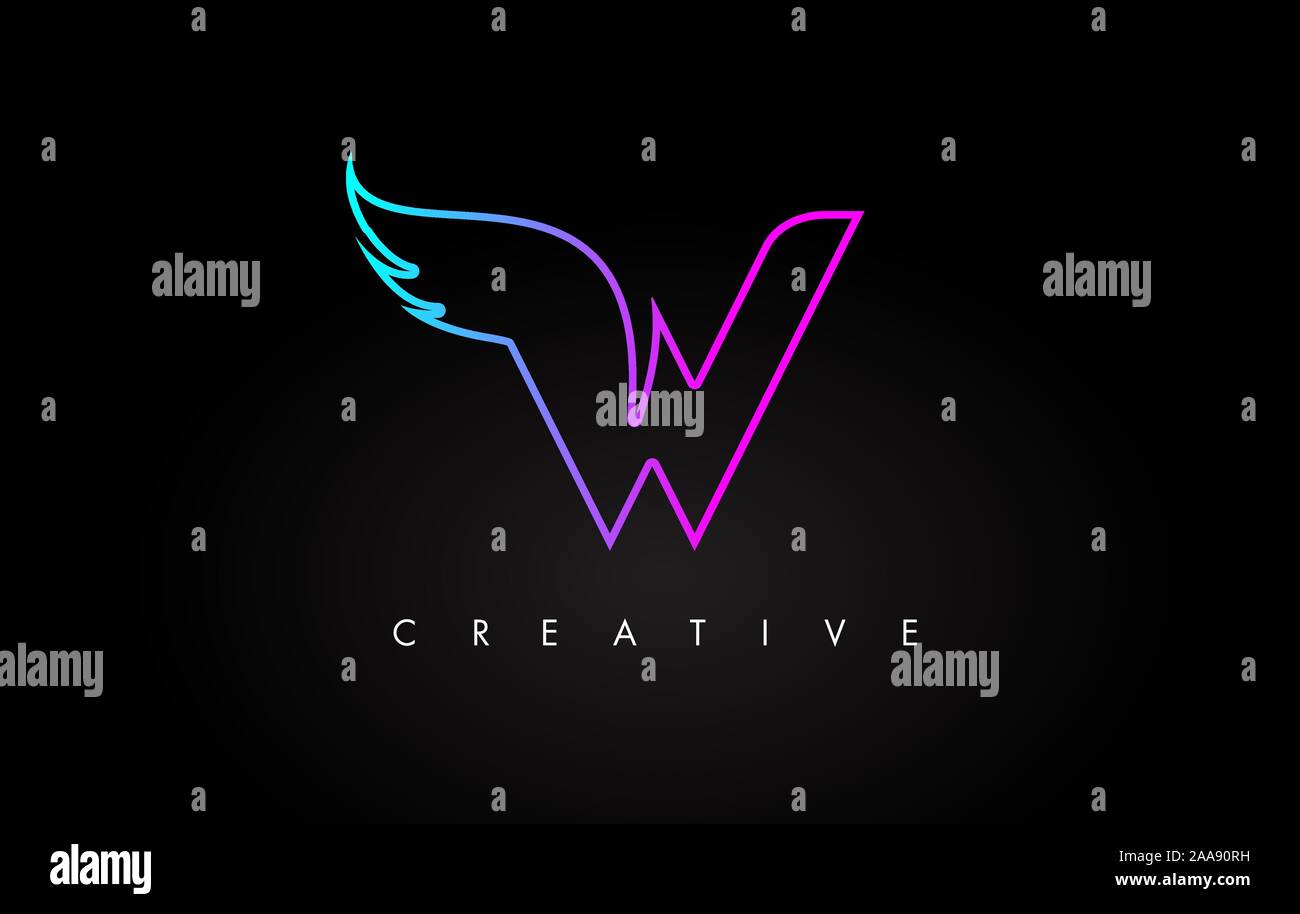 Lettre W néon Icône Logo Design avec aile créative en bleu couleurs magenta pourpre illustration vectorielle. Illustration de Vecteur