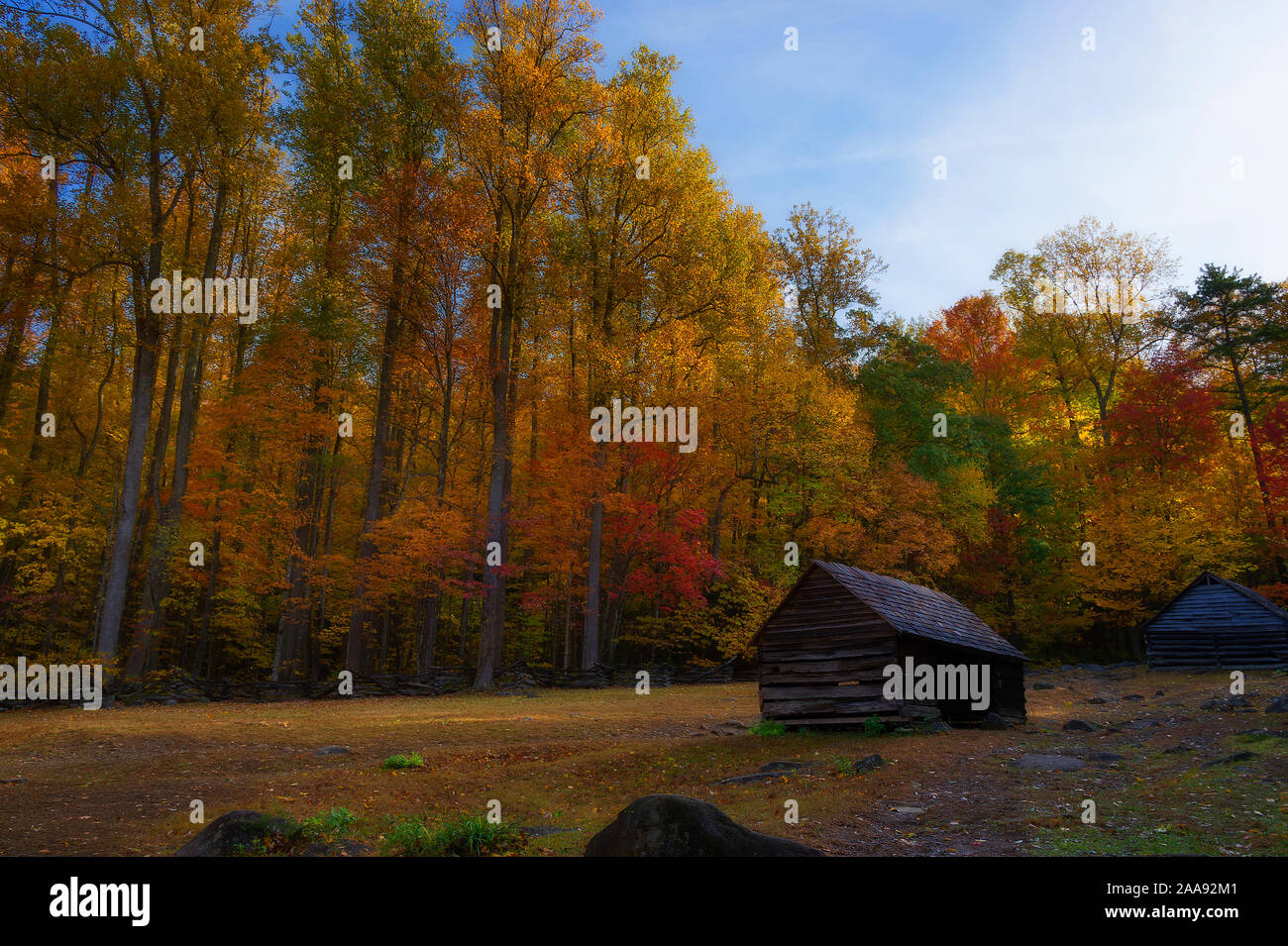 Moteur de Roaring Fork Trail situé dans les Smoky Mountains est de cinq milles de long de la route à une seule voie. Cabines, des ruisseaux et de vastes paysages remplis d'automne Banque D'Images