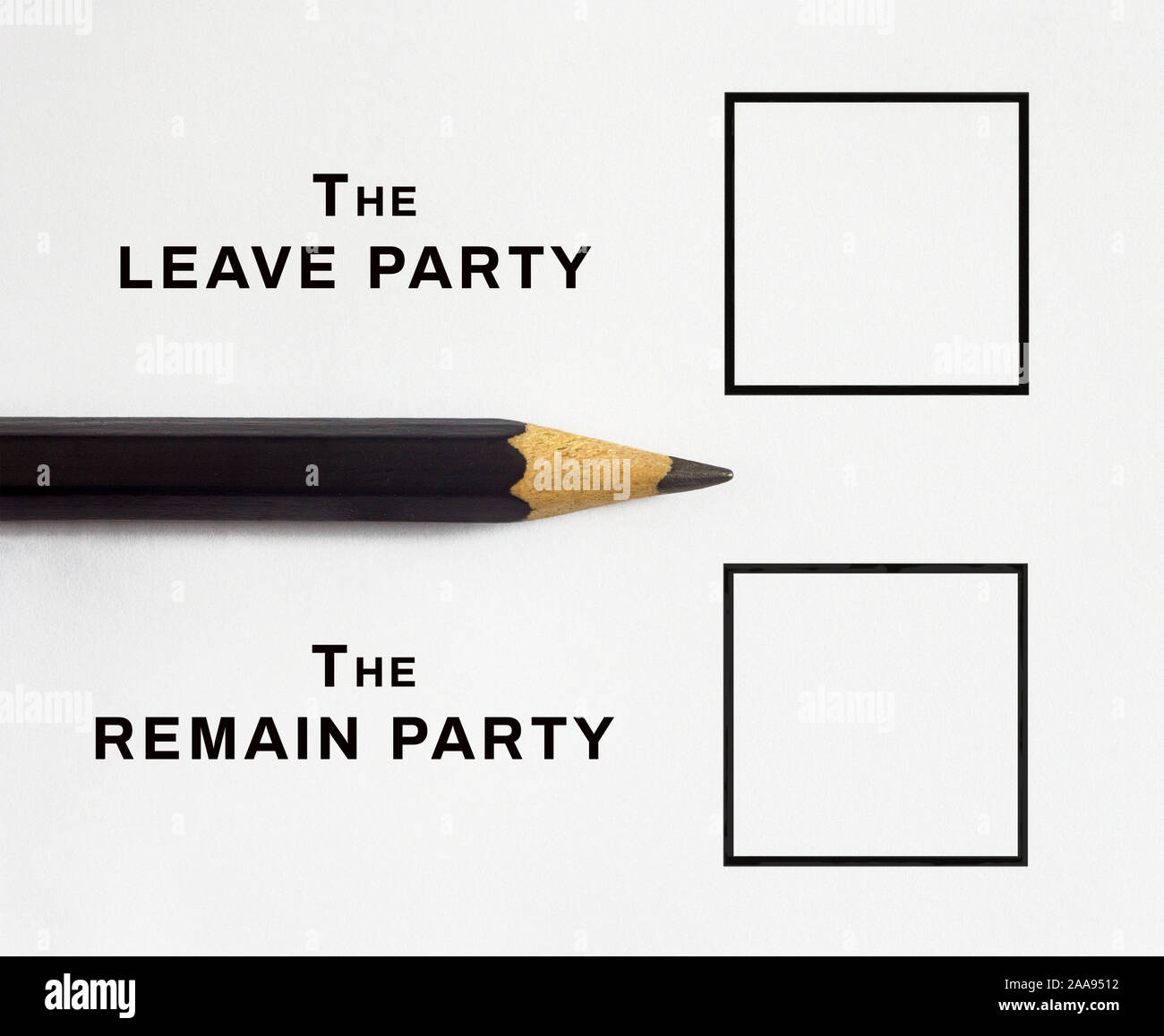 Maquette de bulletin de vote 2019 British UK élection générale, largement considéré comme un vote sur le problème Brexit, partis politiques défini principalement sous forme de congé ou rester. Banque D'Images