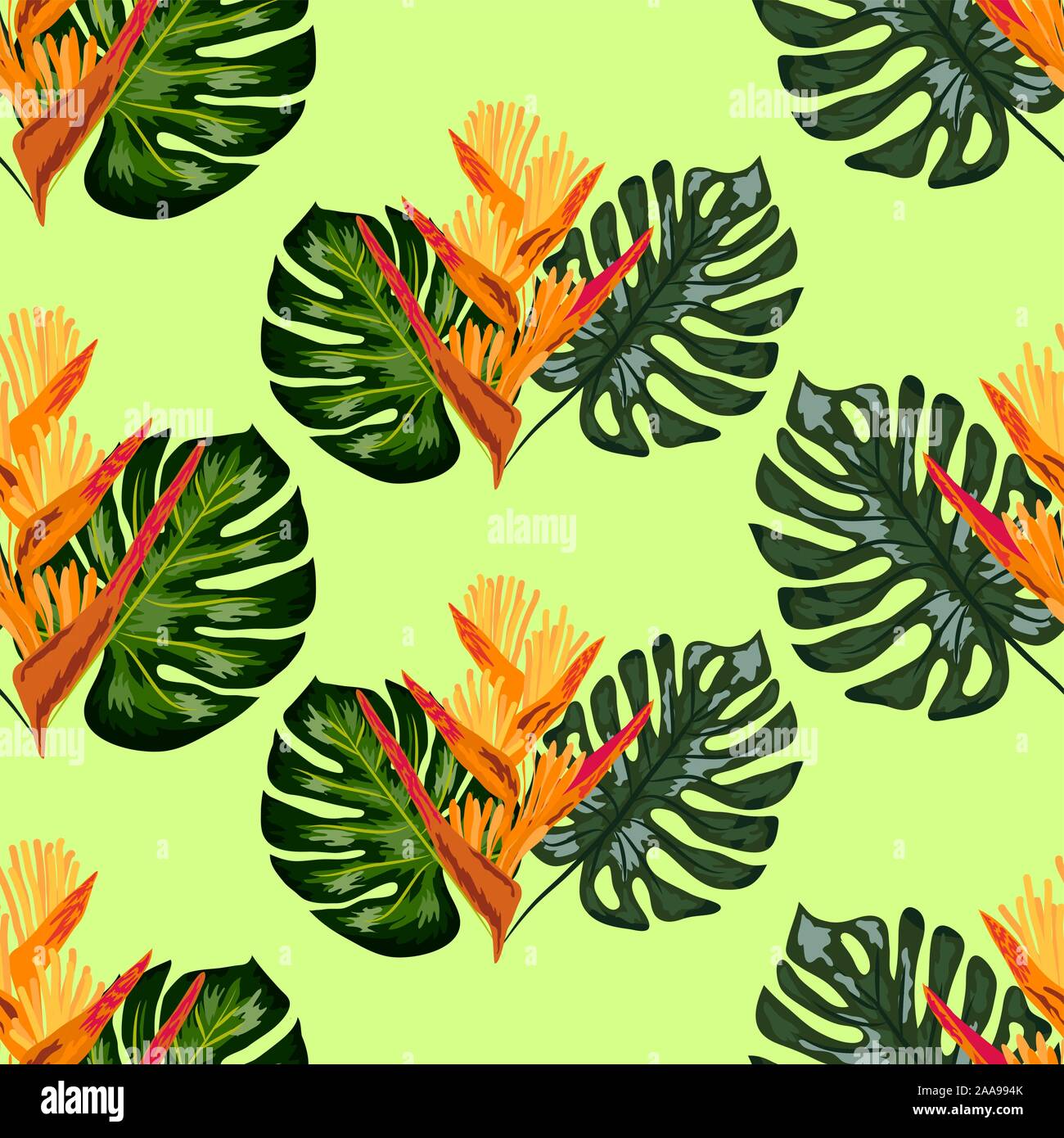 Motif jungle d'été avec des fleurs tropicales heliconia ou au homard, griffes, arrière-plan. des textures de surface, textile Illustration de Vecteur