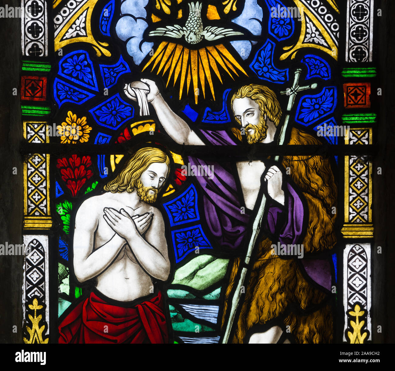Saint Jean Baptiste de vitraux, l'église Sainte Marie la Vierge, Badby, Northamptonshire, England, UK Banque D'Images