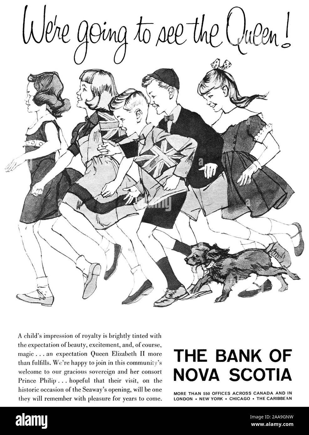 1959 publicité canadienne pour la Banque de la Nouvelle-Écosse à l'époque de la visite royale de la reine Elizabeth II. Banque D'Images