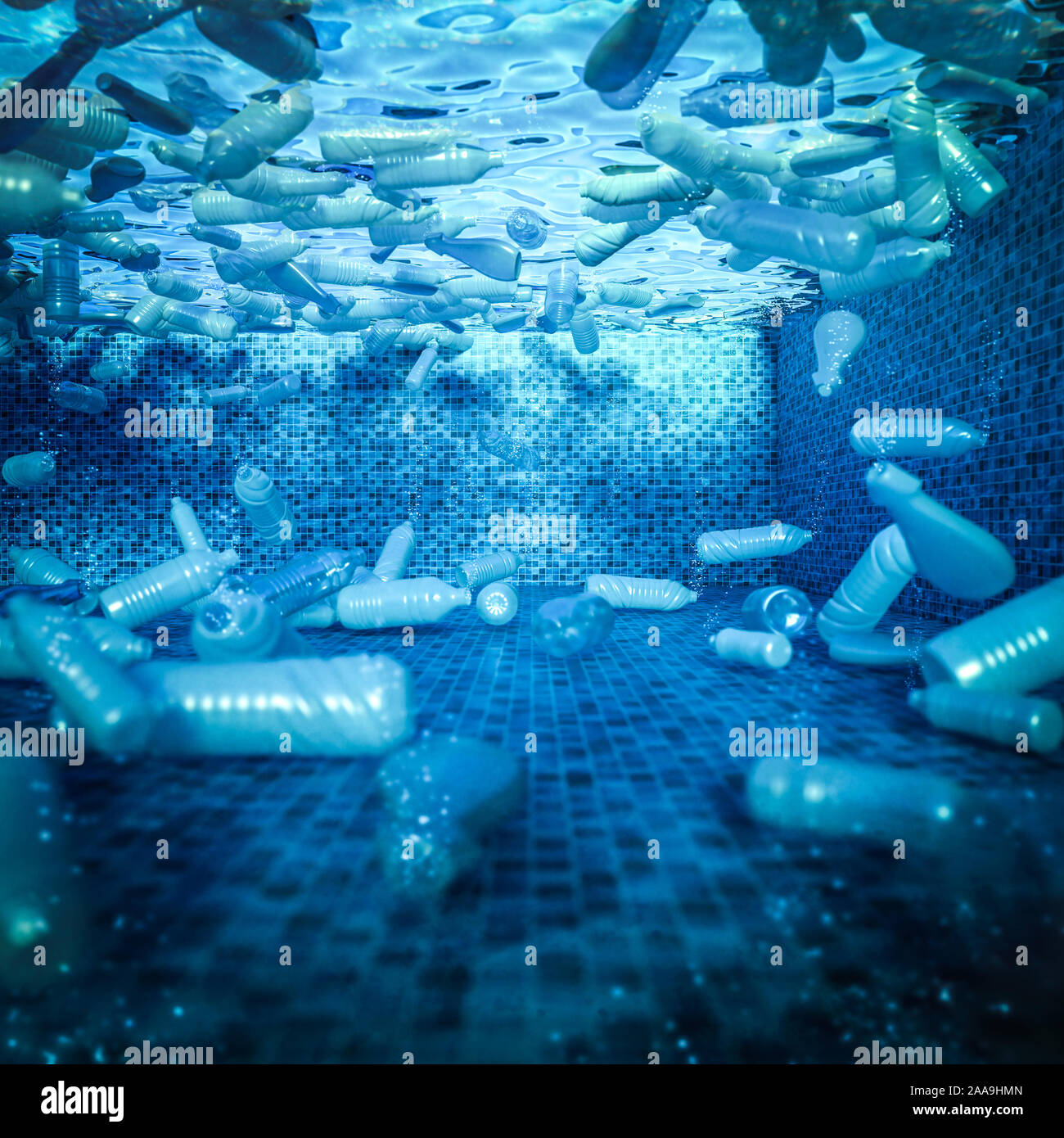 Les bouteilles en plastique flotter dans une piscine. Concept de la pollution et l'utilisation excessive de matières plastiques. L'image de rendu 3D Banque D'Images