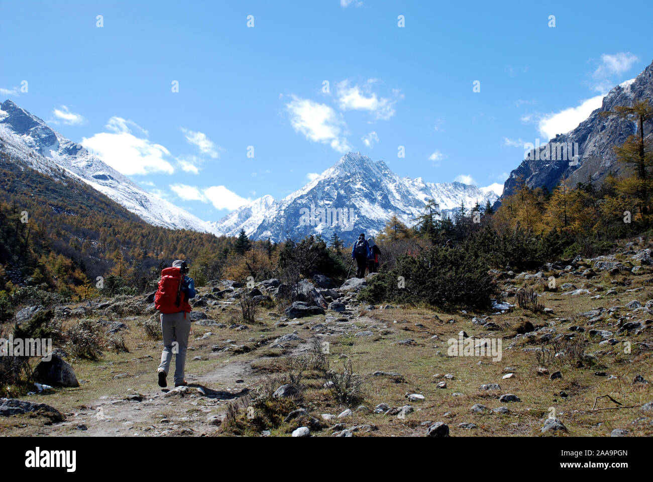 Les randonneurs dans la vallée de la Riwoche il Daxueshan montagnes de l'ouest du Sichuan en Chine Banque D'Images