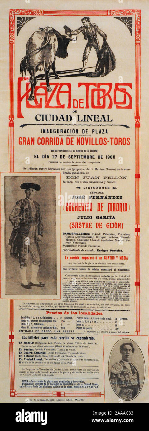 Inauguration de l'arène en 1908, Ciudad Lineal (Madrid, Espagne). L'affiche de la corrida. Musée d'histoire. Madrid. L'Espagne. Banque D'Images