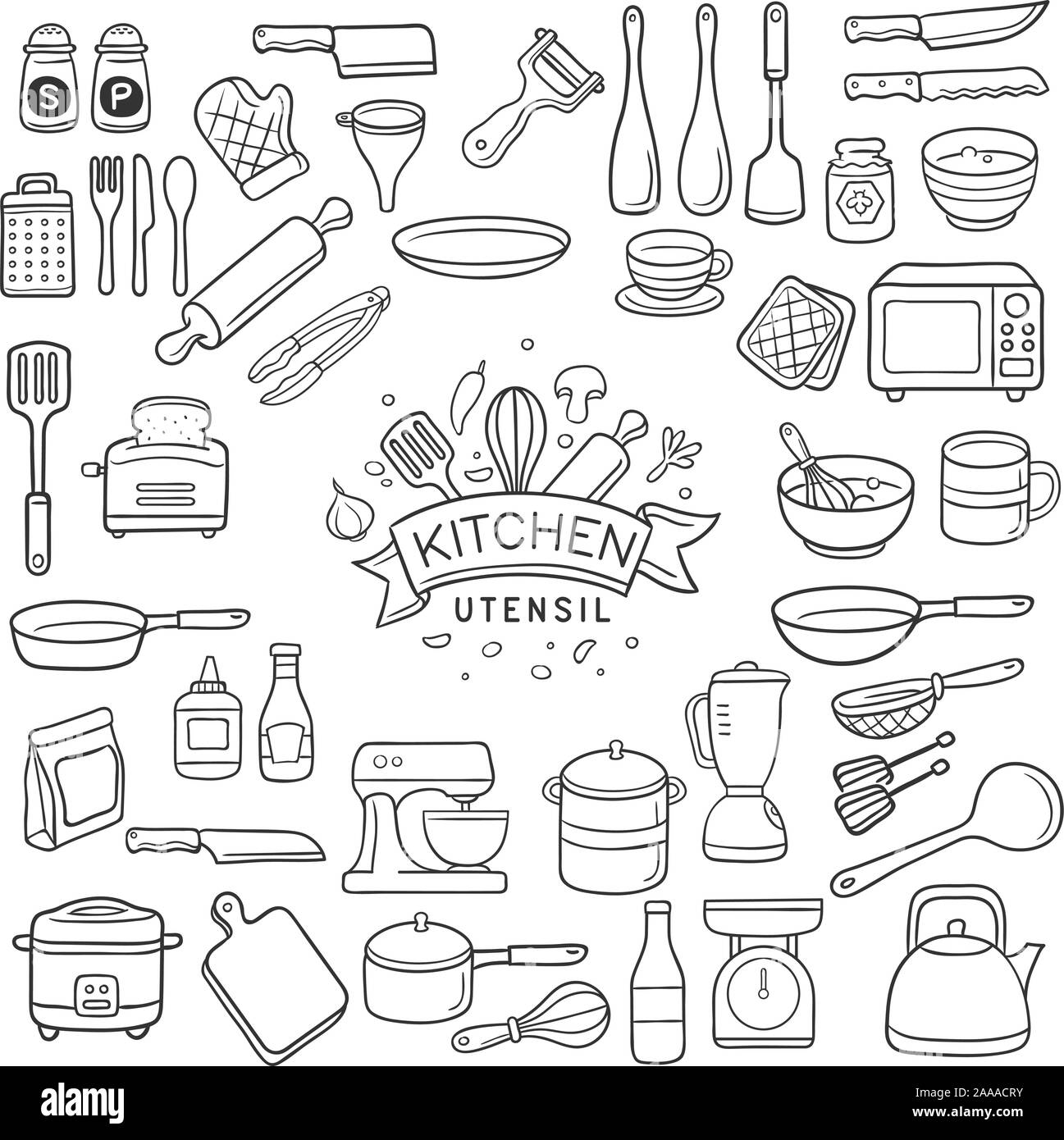 ensemble d'illustrations vectorielles d'ustensiles de cuisine en noir et  blanc 2444241 Art vectoriel chez Vecteezy
