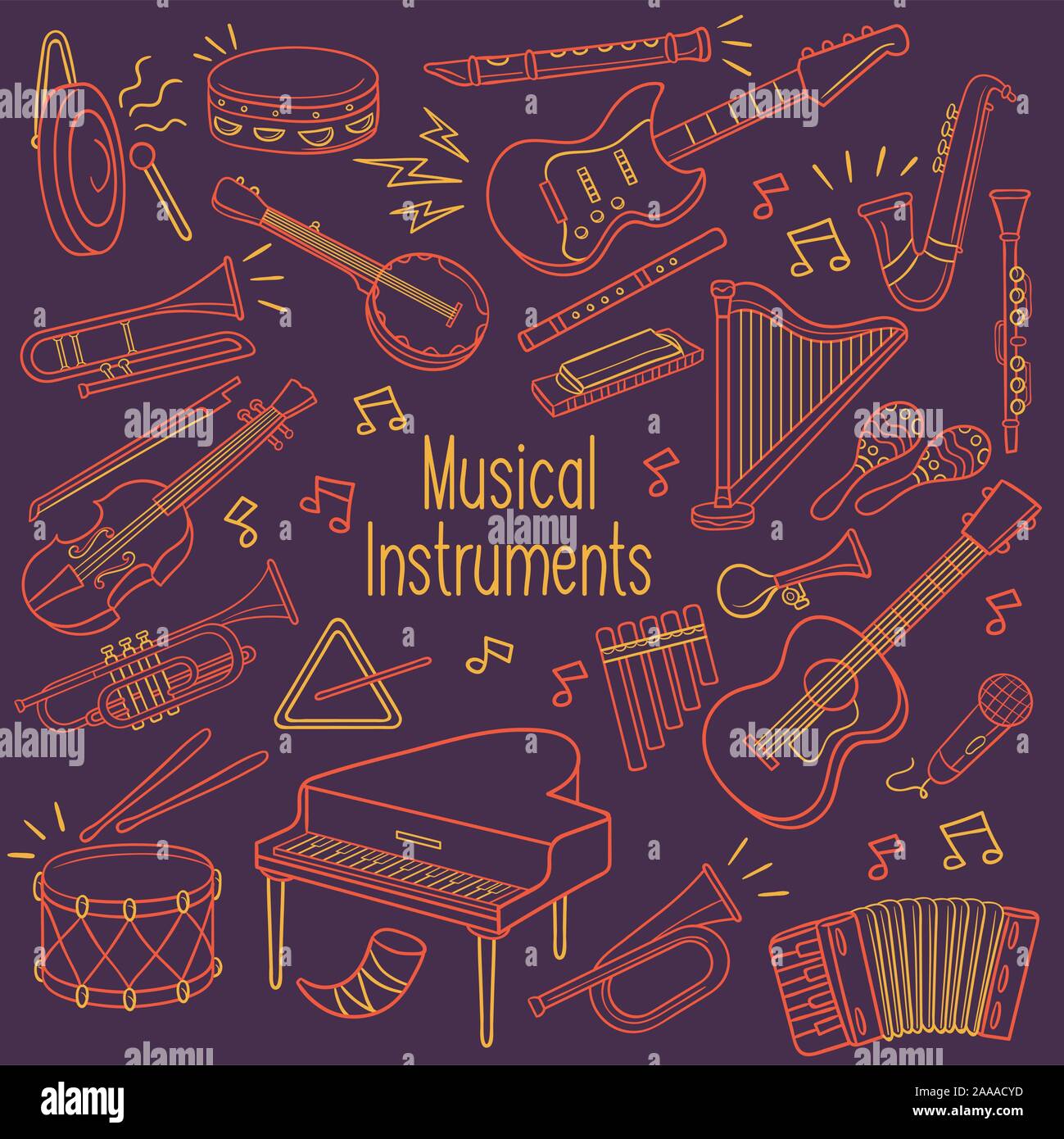 Ensemble de contours d'instruments de musique dans un dessin couleur néon sur fond sombre Illustration de Vecteur