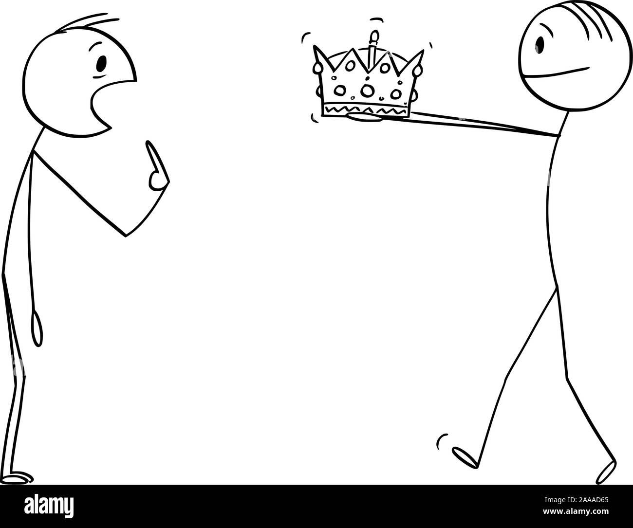 Vector cartoon stick figure dessin illustration conceptuelle de l'homme donnant à couronne de roi ou royaume d'incrédules surpris l'homme au cours de la cérémonie de couronnement ou couronnement. Illustration de Vecteur