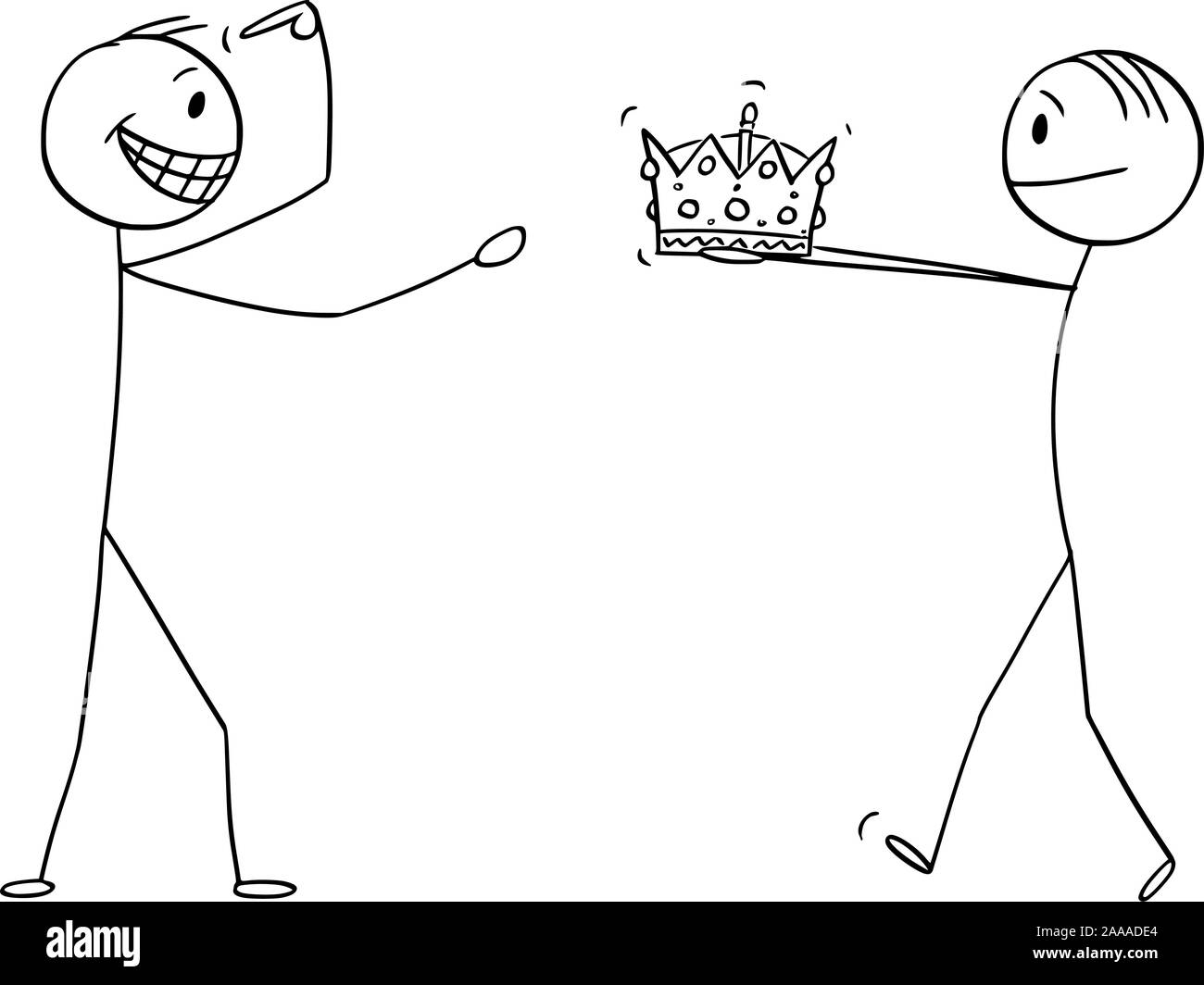 Vector cartoon stick figure dessin illustration conceptuelle de l'homme donnant à couronne de roi ou royaume d'homme confiant lors de la cérémonie de couronnement ou couronnement. Illustration de Vecteur