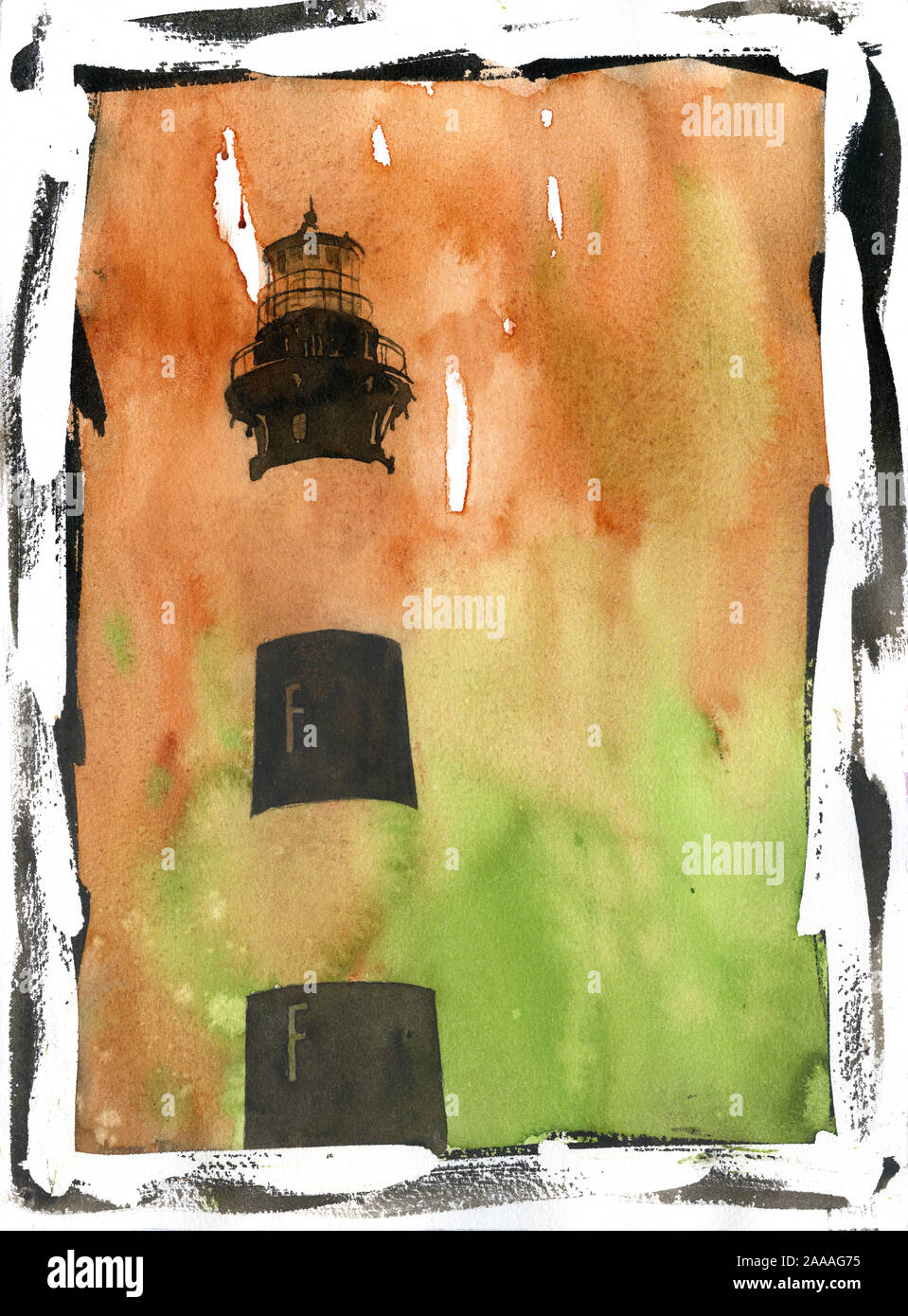 Bodie Island Lighthouse au coucher du soleil dans les Outer Banks (OBX) de Caroline du Nord- USA. Fine art peinture phare décor aquarelle Banque D'Images
