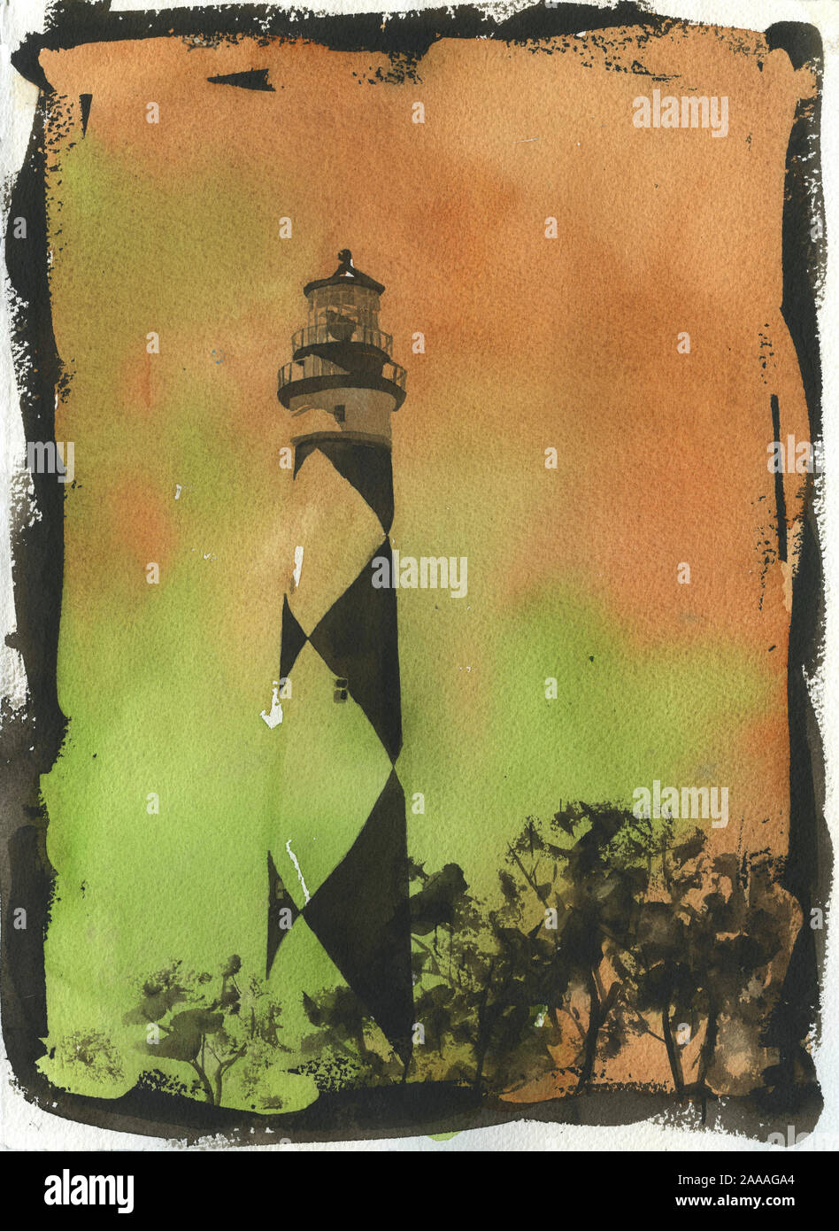 Cape Lookout phare sur les Outer Banks, Caroline du Nord. Peinture de Cape Lookout lighthouse beach artwork home decor phare NC lig Banque D'Images