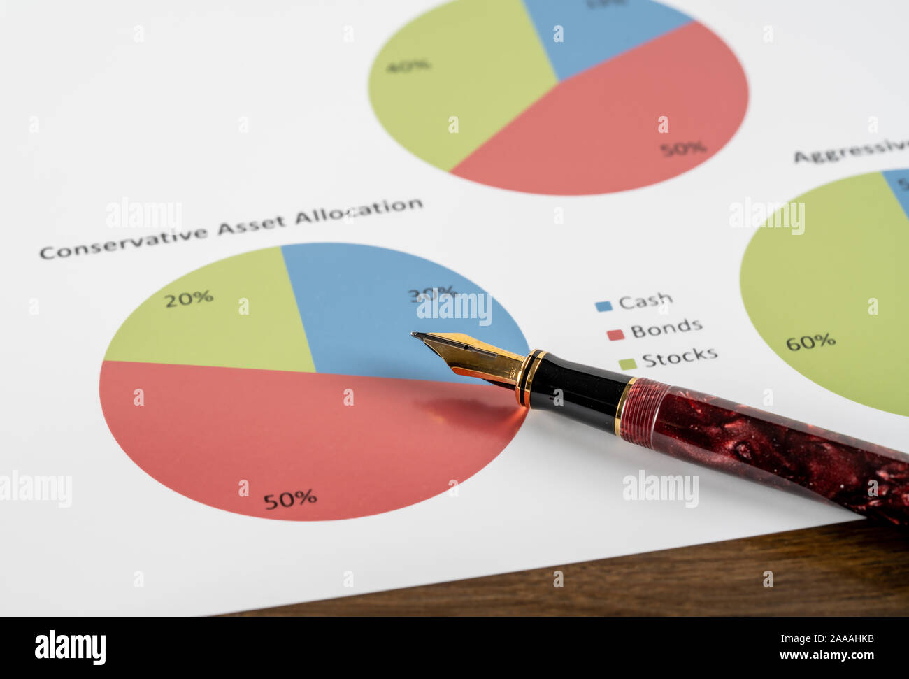 Or cher stylo pointant à camembert de répartition prudente de l'actif sur 24 Banque D'Images