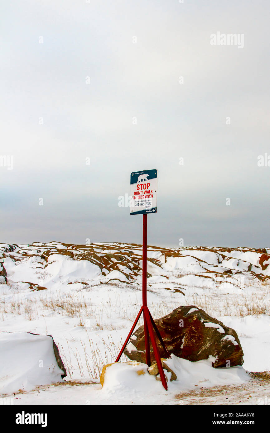 Churchill, Manitoba, Canada - le 13 novembre 2019 : programme d'alerte de l'ours polaire Un panneau d'avertissement dans Churchill, Canada sur les rives de la Baie d'Hudson. Banque D'Images