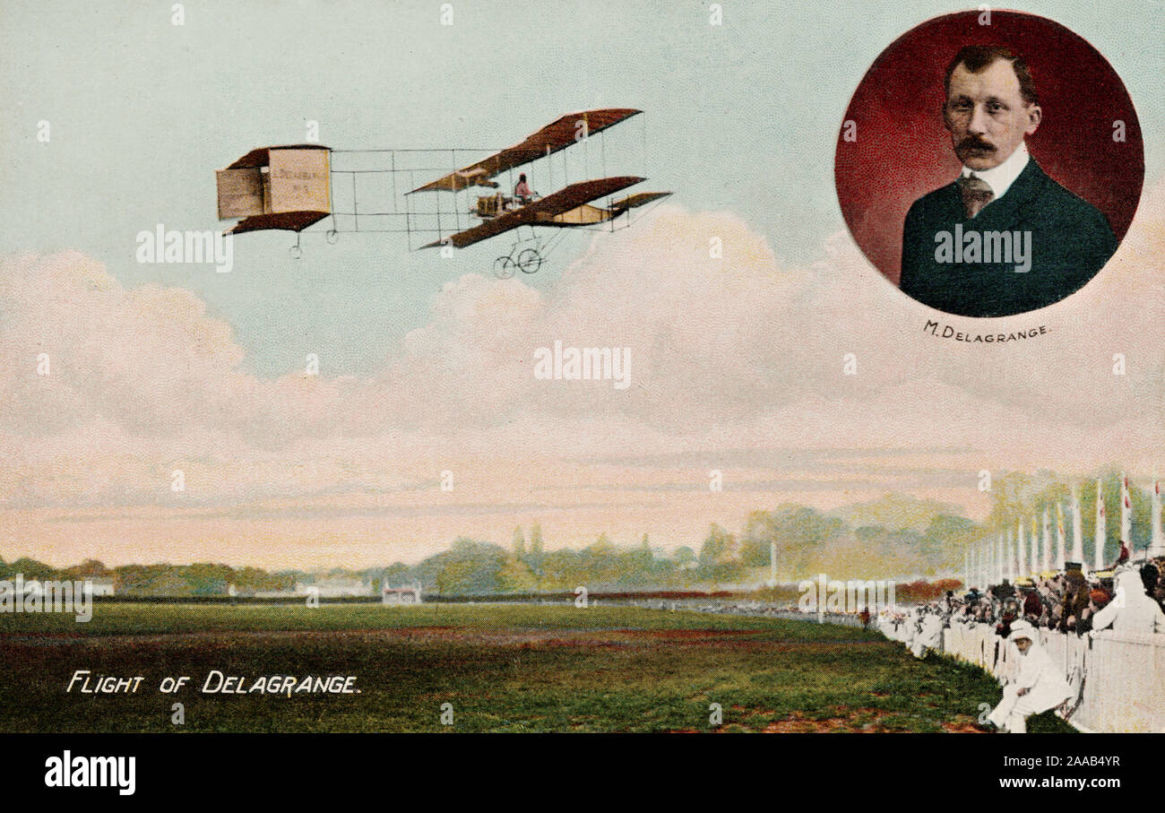 Vol de Ferdinand Léon Delagamme, aviateur français, ancienne carte postale. Banque D'Images