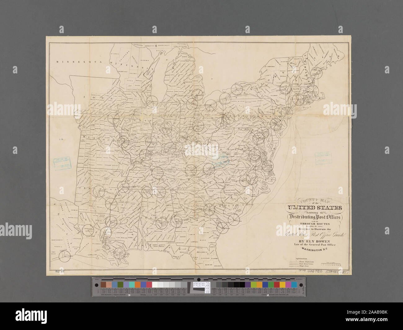 Ca à l'échelle. 1:3 500 000 Extrait de l'United States Post Office Guide par Eli Bowen. New York, D. Appleton and Co., 1851. Face à la page de titre. Cartographie de la Nation (NEH, 2015-2018) ; carte du comté des États-Unis présentant la distribution des bureaux de poste Banque D'Images