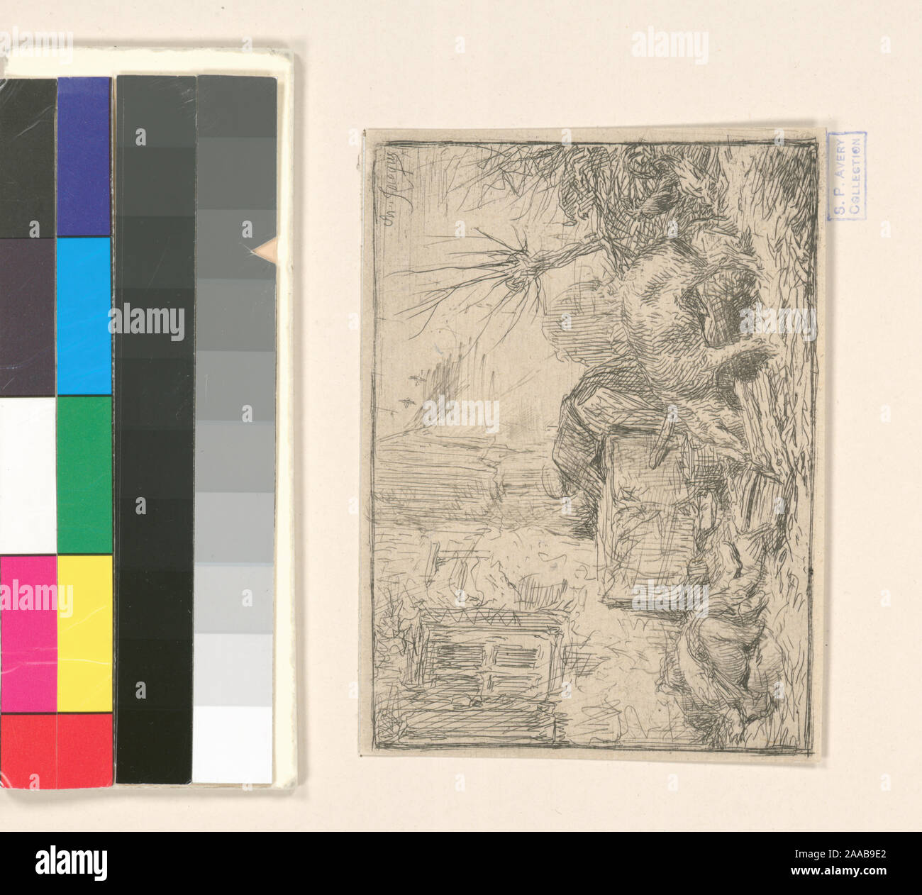 Holdings contrôlés à l'exemplaire de l'Oeuvre de Ch. Jacque catalogue de ses eaux-fortes et pointes sèches / dressé par J.J. Guiffrey. Fait partie d'eaux-fortes et pointes sèches par Charles Jacque dans Samuel Putnam Avery Collection. Citation/Référence : G312 ; cour de ferme. Banque D'Images