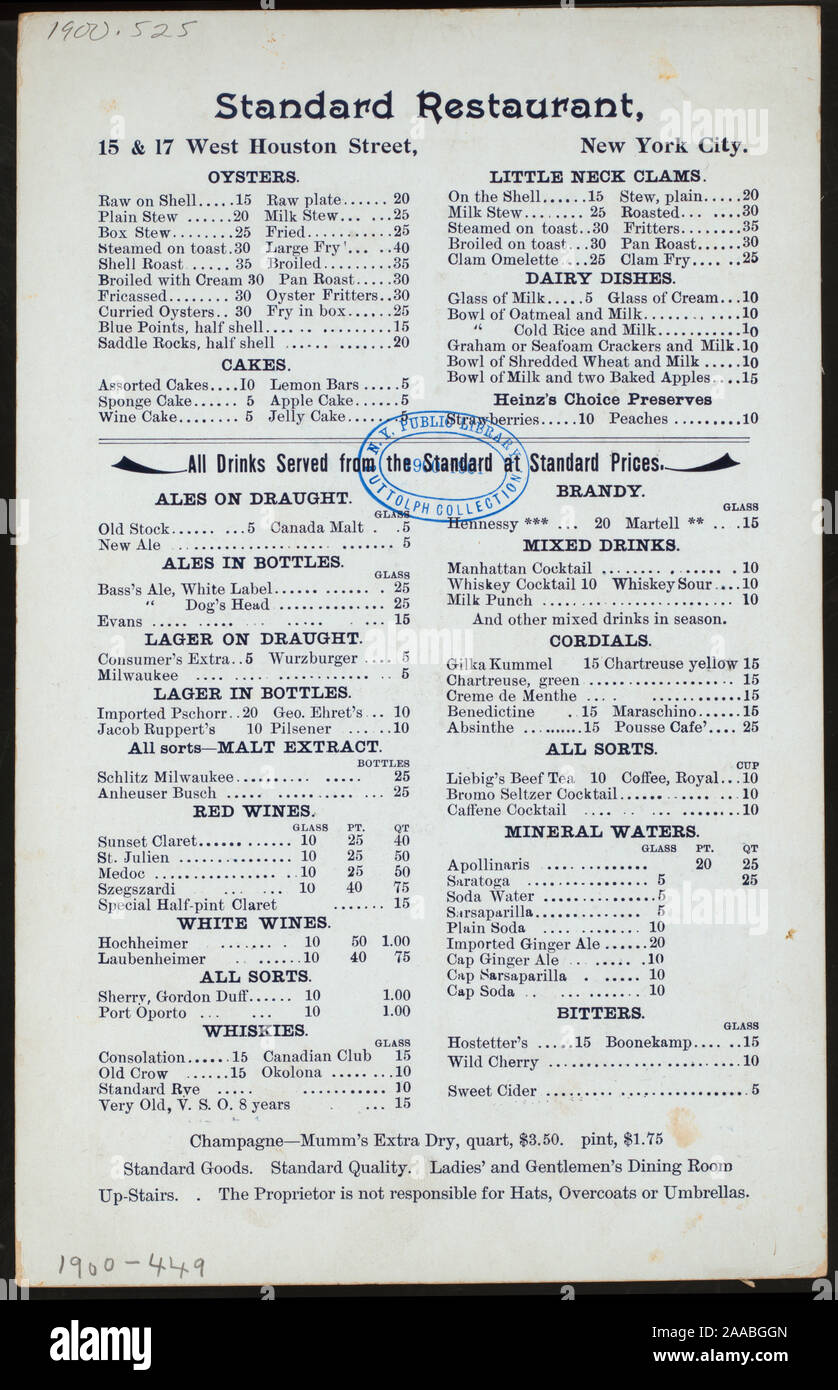 MENU À PRIX DES VINS À PRIX ; 1900-0449 ; MENU DU JOUR [détenus par] RESTAURANT STANDARD [at] 15 et 17 WEST HOUSTON STREET (reste) ; Banque D'Images