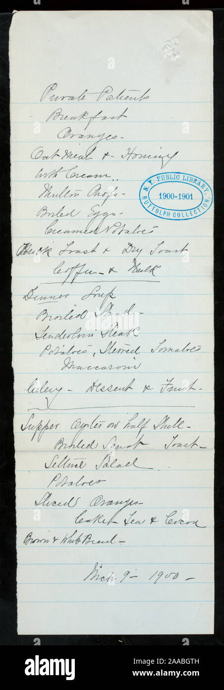SIX BANDES DE PAPIER ; ORDINATEUR PORTABLE ; À LA MAIN CHAQUE SÉQUENCE CONTIENT LE PETIT-DÉJEUNER, le déjeuner/dîner, souper/DÎNER MENUS POUR DIFFÉRENTS CLASSEMENTS DES CONSOMMATEURS ; I.E., LES PATIENTS, le personnel, aider hommes et femmes, LE SURINTENDANT, préposés aux bénéficiaires, infirmières ; ; MENUS DU JOUR [détenu par l'hôpital] ( ?) [at] (Autres) Banque D'Images