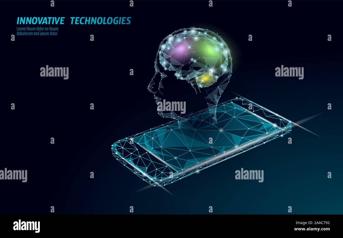 Assistant virtuel service de reconnaissance vocale de la technologie. L'intelligence artificielle ia support du robot. Chatbot cerveau sur smartphone faible système vecteur poly Illustration de Vecteur